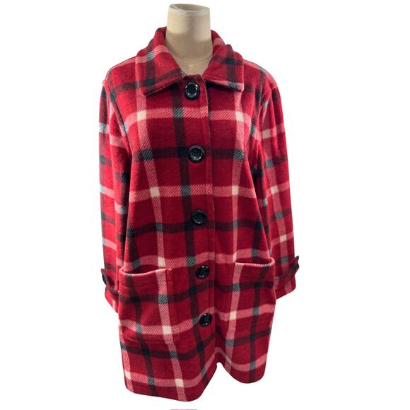 "BROWNSTONE STUDIO" Button Up Fuzzy Fleece Blazer Cardigan Jacket Red Plaid SZ L - Picture 1 of 8